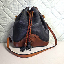Dooney & Bourke Vintage 90s Drawstring Bucket Bag Navy and Tan Pebbled Leather  picture
