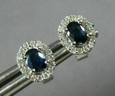 ESTATE .70CT DIAMOND & AAA SAPPHIRE 14KT WHITE GOLD 3D OVAL HALO STUD EARRINGS picture