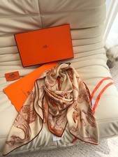 Hermès Cashmere Silk Scarf 140x140cm Equestrian Print Beige Orange picture