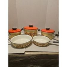 Vintage Enamelware Mushroom Cookware Set 8 Piece Retro Orange Cream 70s Style picture
