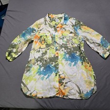 Chico's Linen Tunic Women 2 Size 12 Green Abstract Floral No Iron Button Up picture