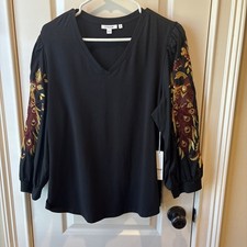 CHICO’S NWT $89.50 BLK EMBROIDERED PEACOCK 3/4 SLEEVE KNIT TOP SZ. 3. (16/XL US) picture