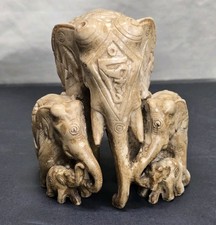 Vintage Hand-Carved Soapstone Elephant Family Figurine - Detailed Herd Statue picture