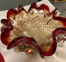 Vintage Murano Uranium Glass Bowl Red Gold Aventurine Bullicante Star MCM 1950s picture