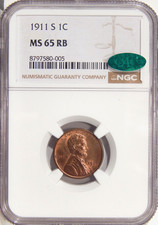 1911-S 1c NGC MS 65 RB CAC ~ BETTER DATE GEM LINCOLN CENT picture