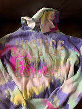 Y2K Justice Girls Tie-Dye Pullover Hoodie Glitter Logo Fleece Long Sleeve Sz L picture