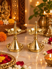 Kerala Samai Oil Lamp Set – 5 Inch Traditional Brass Deepam, South Indian Pooja picture
