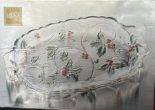 MIKASA NIB Clear Glass Holly Christmas Oval Serving Tray 15 in with Handles picture