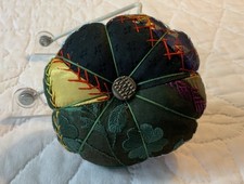 Antique Crazy Quilt Pin Cushion, Round, Hand Made, Embroidery Stitches picture
