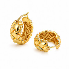14K Solid Yellow Gold Woven Chunky Huggie Earrings for Women Fine Jewelry picture