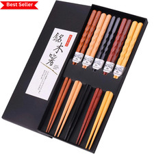 Japanese Wooden Chopsticks Set 5 Pairs Reusable Non Slip Gift Box picture