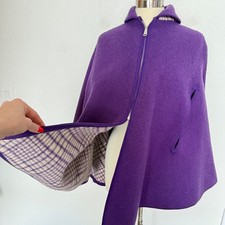 True Vintage 60s 70s Purple Wool Cape Plaid Lined Mod Zip Poncho Coat picture