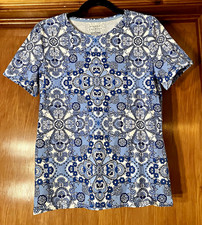 Talbots Tee Womens M Blue White Floral Round Neck Short Sleeve Knit Stretch picture