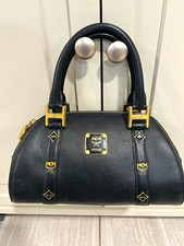 MCM München Black Leather Satchel Top Handle Zip Top Gold Hardware Lock picture