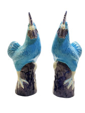Vintage Chinese Turquoise Aubergine Porcelain Glazed Mirror Rooster Figurines picture