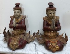 PAIR OF LARGE VINTAGE THAI PAINTED WOOD AND METAL SCULPTURES OF PRAYING MONKS picture