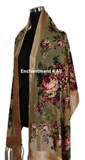 Elegant 100% Silk Burnout Velvet Vintage Floral Oblong Scarf Shawl Wrap, Camel picture