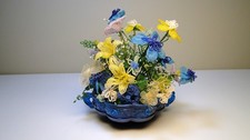 Vintage MCM Beaded Flowers Centerpiece in Blue Patterned Glass Bowl picture