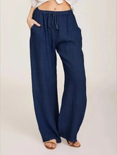 Women's Cotton Linen Wide Leg Pants Elastic Waist Casual Loose Pocket Trousers picture