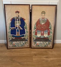 Rare Tall Antique Pair Chinese Ancestor Figure Silk Portrait Paintings 54”x28” picture