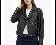 Gap Women's Black Biker Moto Jacket Asymmetrical Zip Lined Short Size L picture