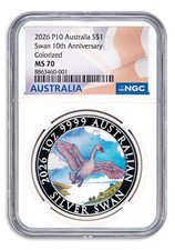 2026 Australia 1 oz Silver Swan Colorized 10th Anniversary NGC MS70 picture