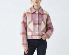 IRO Paris Lahiana Pink Cream Plaid Wool Blend Jacket Sz 40 NWOT picture