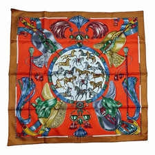 HERMÈS Paris Silk Twill Square Scarf Orange Multicolor Equestrian Horse Print picture