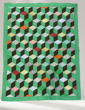 Vintage Handmade Tumbling Blocks Baby Quilt Green Patchwork Calico Crib Nursery picture