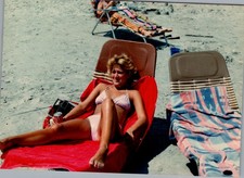 1970s Beach Photograph of Young Woman in String Bikini & Coca-Cola by Chair picture