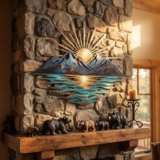 Mountain Landscape Metal Wall Art, Sunrise Lake Decor, Rustic Cabin Art picture