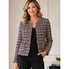 NWT ANN TAYLOR $169 Black&Camel Multi Tweed Fringe Jacket Blazer Sz. 6 picture