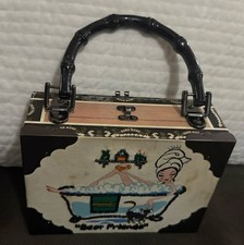 Women’s Cigar Box Handbag Black/Beige Bamboo Handle Beaded Quiet Luxury Vintage picture