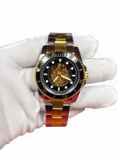 Men’s Two Tone Skeleton Watch Black Gold Bezel Metal Bracelet picture