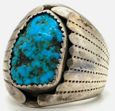 Old Pawn Native Navajo Raw Turquoise Tim Yazzie Sterling Silver Ring Size 11.5 picture