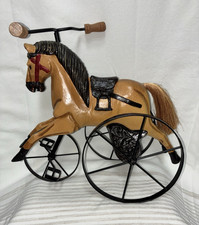 Antique Hand-Carved Wooden Horse Tricycle Display with Cast Iron Wheels picture
