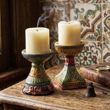 Vintage Pair Majolica Style Ceramic Pedestal 3” Pillar Candle Holder Risers picture