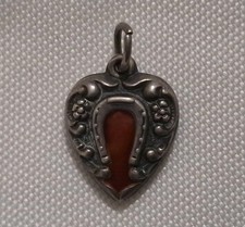 Antique Sterling Silver Red Enamel Horseshoe Puffy Heart Charm picture