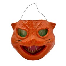 Antique Rare Siamese Cat Paper Mache Pulp Jack O’ Lantern Halloween Vintage Pail picture