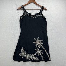 Raya Sun Mini Dress Womens Black Palm Tree Embroidered Cotton Rayon Beachy Boho picture