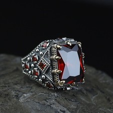 Men's 925 Sterling Silver Ruby Stone Ring Handmade Turkish Signet Ring picture