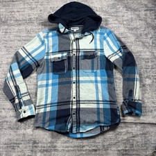 Abound Hooded Flanne Size S Blue Grey Button Down Front Pocket Curved Hem picture
