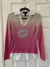 INC International Concepts Womens XS Pink Ombre Rhinestone Lips Layered Sweater picture