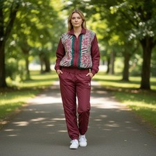Vintage Track Suit Women Large Burgundy Paisley 90s Windbreaker 2pc Set Good picture