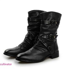 Men Zipper Buckle Belt Ankle Boots Military Pointed Gothic Rock Shoes picture