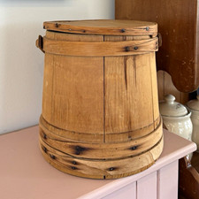Antique Early 20th Wooden Firkin Lidded Primitive Bucket picture