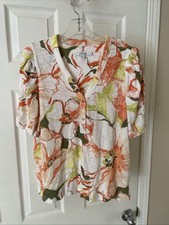 Chicos Womens Sz 2 Pull Over Pretty White green coral floral Short sleeve Top picture