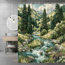 Mountain River Forest Landscape Shower Curtain Scenic Nature Print picture