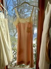 1940s Peach Silk Slip Dress with Antique Lace Appliqué — Pure Silk Boudoir Dress picture