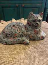 Vtg. Large DECOUPAGE CERAMIC CAT w/ Pretty Blue Floral Print 7”x4” picture